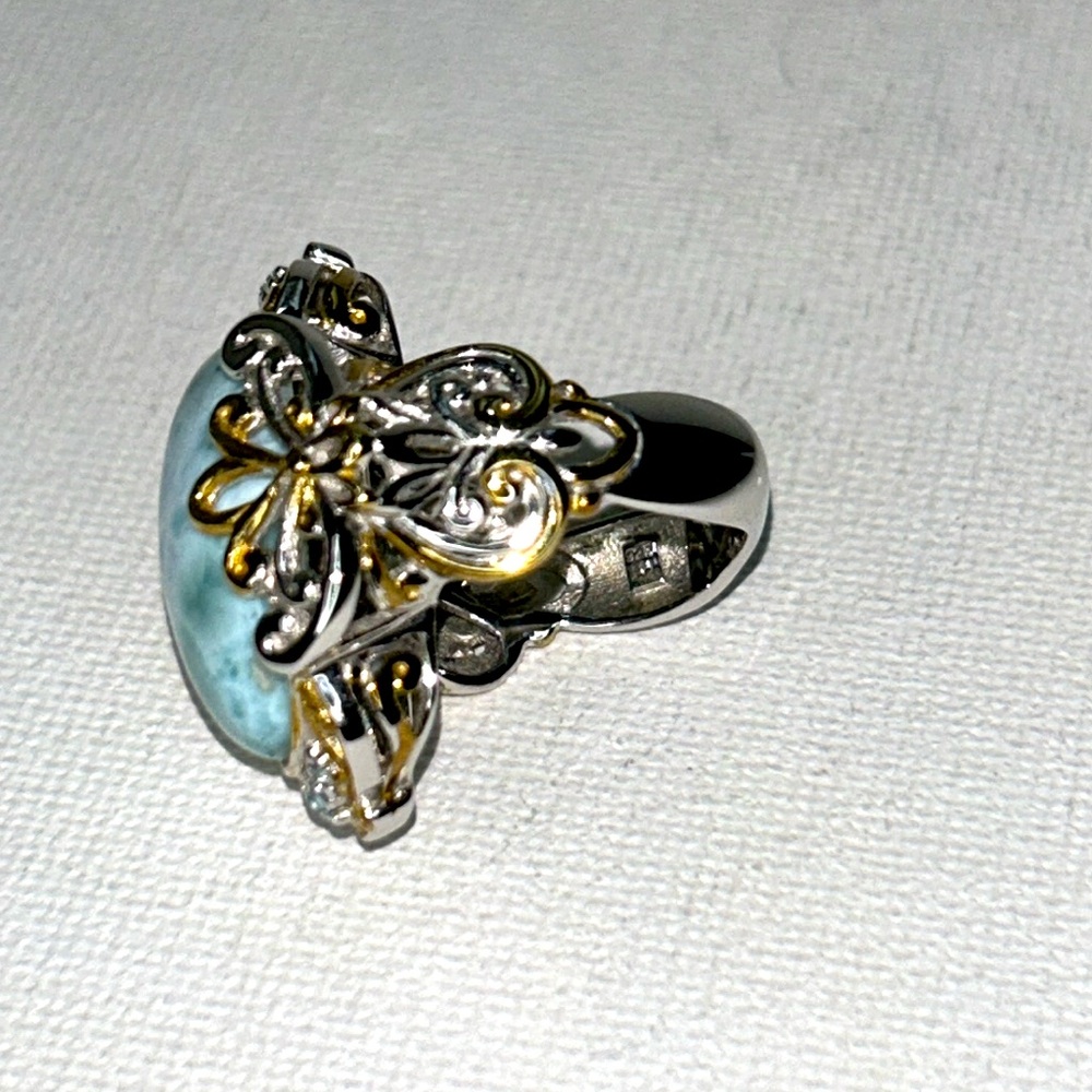 Gems en Vogue Sterling 18K Accent Genuine Larimar Blue Topaz Gemstone Ring Boho - Picture 8 of 12